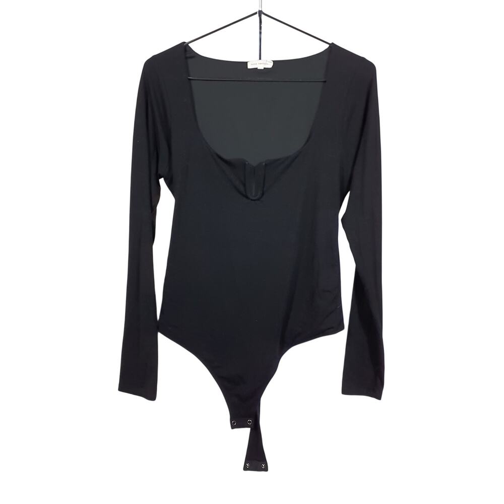 Good American Long Sleeve Black Good Vibes U Ring Bodysuit Size 4